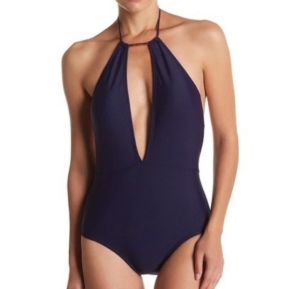 NEW Ted Baker Halter Plunging Swimsuit One Piece Tie Up Dark Blue Size 10